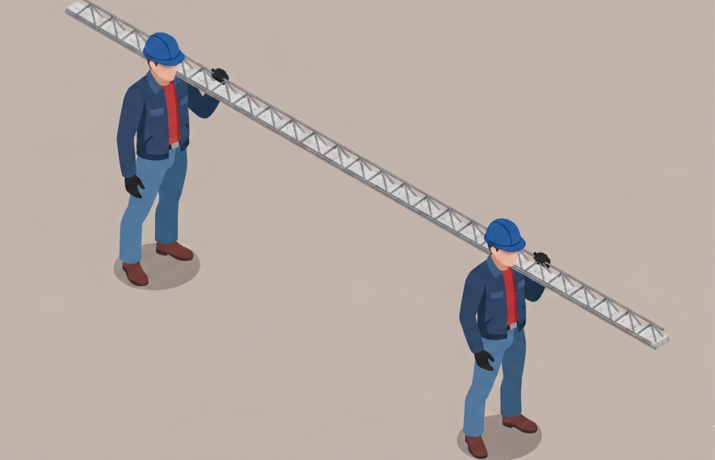 Trabalhadores carregando vigota treliçada